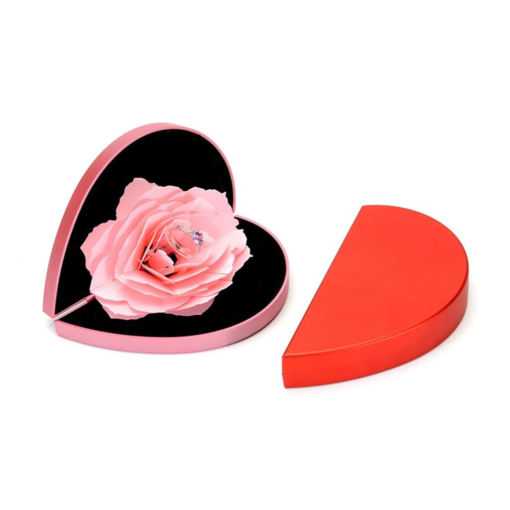 Herzförmige drehbare Rosenring-Box, High-End-Samt, verstellbar, kreative Geschenkbox für den Valentinstag zur Schmuckaufbewahrung