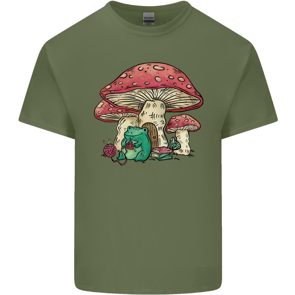 Frog Knitting Under a Mushroom Foraging Nature Unisexs Light Cotton TShirt