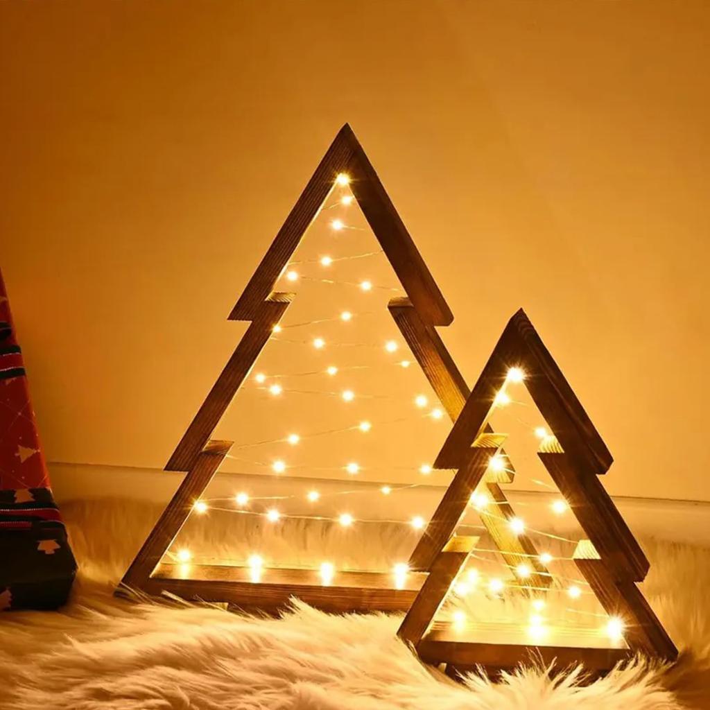 A Set Of Christmas Table Decorations, Two Sizes Of Wooden Christmas Tree Lights, Christmas Holiday Decoration Interior