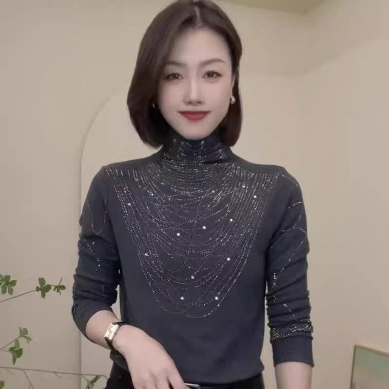 

Стильная футболка облегающего кроя с длинным рукавом на осень/зиму с элегантным дизайном из горячей фиксации 6XL темно-серого