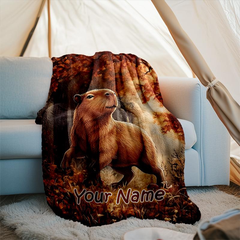 1PC Custom Name Autumn Capybara Adventure flannel blanket versatile,all-season throw suitable for the living room,bedroom,camping,travel,and gift