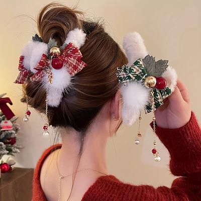 Sweet & Chic Christmas Plush Bow Hair Clips With Faux Pearl Tassels Perfect For Daily Wear Holidays & Gifts
