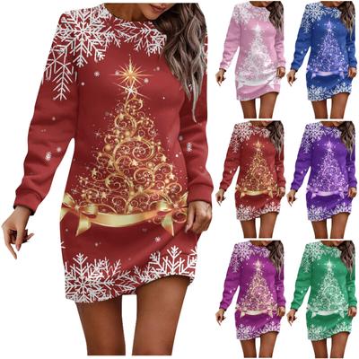 Long Sleeve Dress For Women Casual Christmas Printed Pullover Hip Pack Dress Sweater Dress