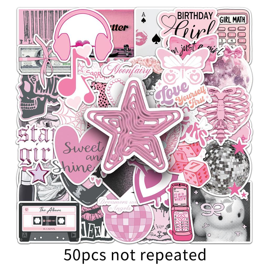 50 Sweet Pink Korean Style Waterproof Stickers for Helmets, Journals & Luggage