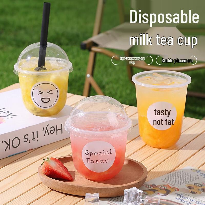 Baijie Disposable Milk Tea Cups with Lids, Straws & Stickers