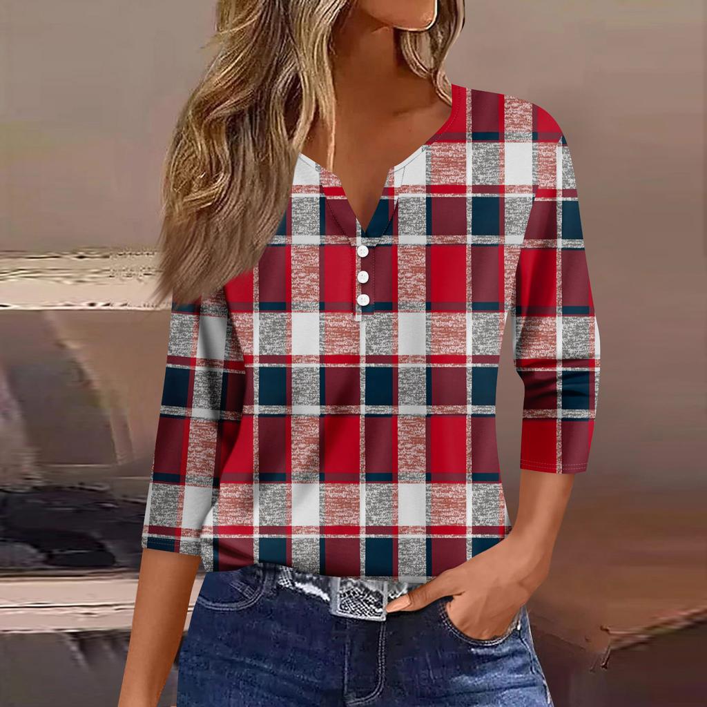 Women's Fashion Casual Three-quarter Sleeve V-neck Floral Print Top