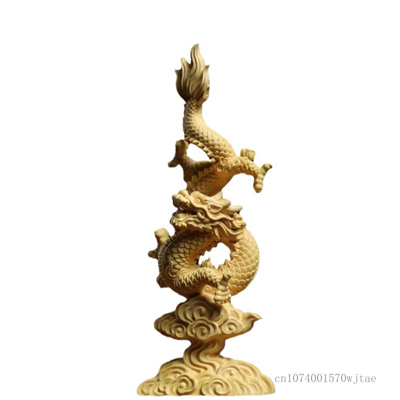 Yellow Poplar Wood Hand Carving Crafts Creative Dragon Shape Sculpture Decor South American Boxwood, Dragon Year Decoration, 1Pc