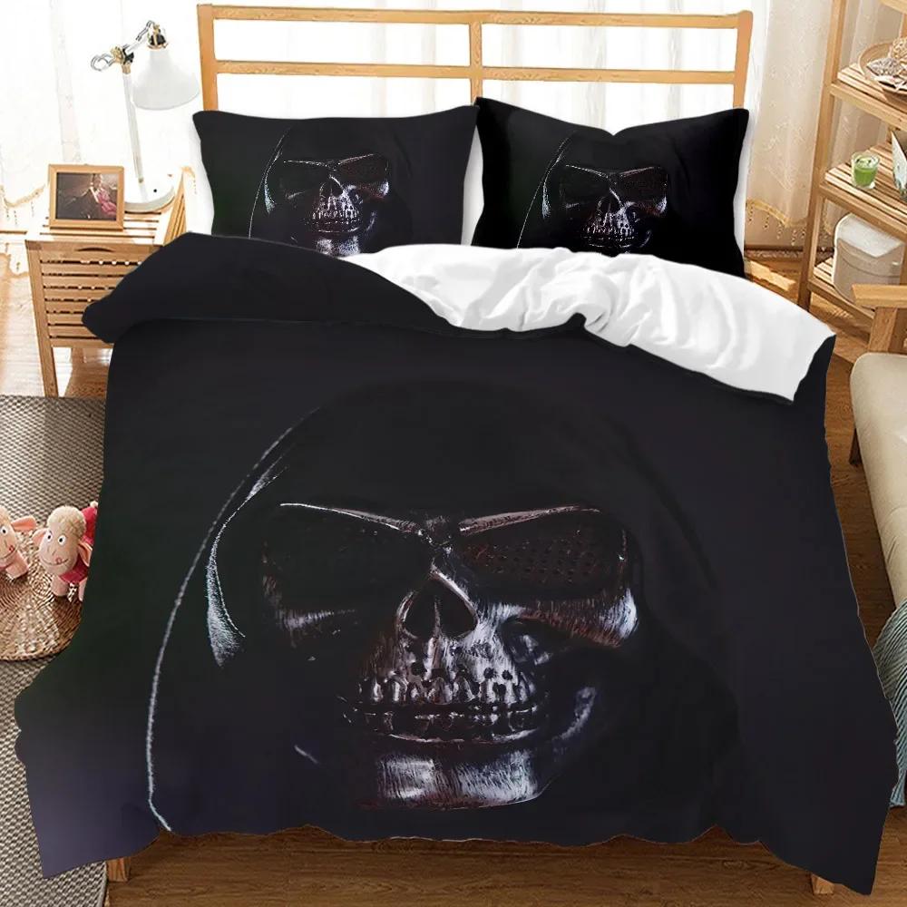 Mode Blå Ros Dödskalle Tryck Påslakan Mjuk Bekväm Sängkläder Set För Sovrum (1*Påslakan+2*Örngott) För Halloween