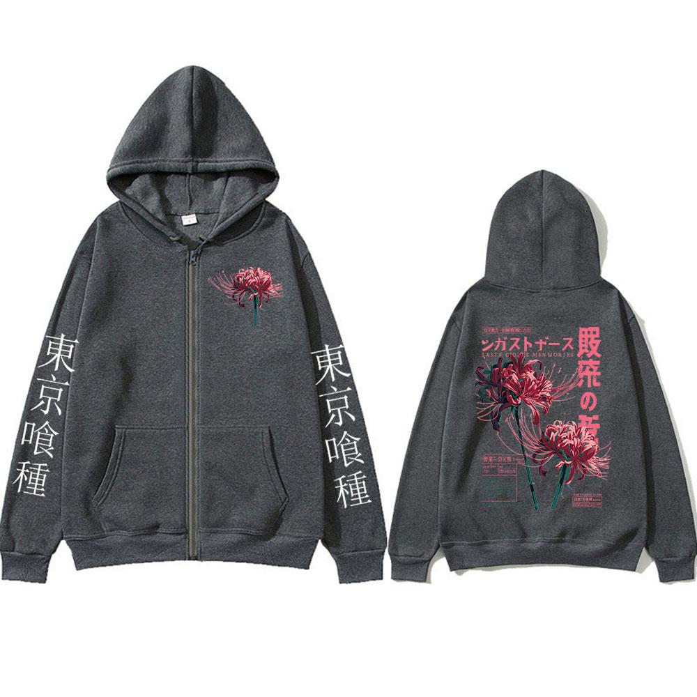 Anime Tokyo Ghoul Ken Kaneki Grunge Květina Japonská pavoučí lilie Zipové mikiny Pánské mikiny na zip Dlouhý rukáv Bunda Kabát