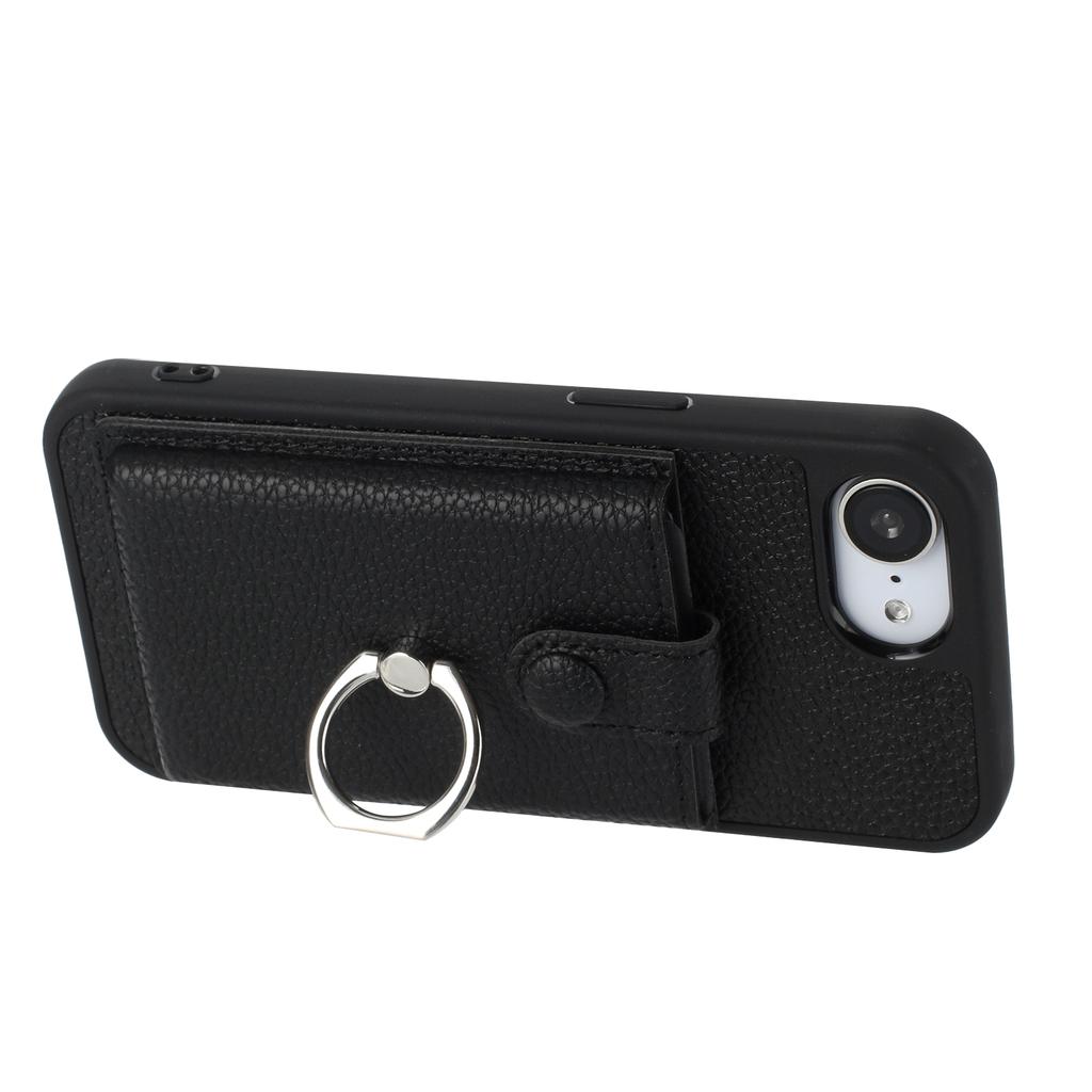 For iPhone 16e Case with Ring Kickstand Drawing Type Card Slots Leather Back Cover