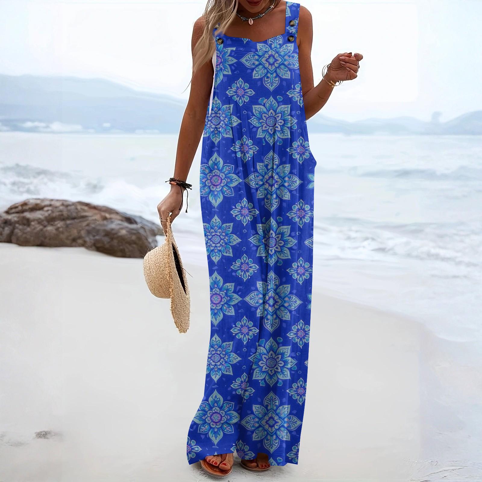 Женский комбинезон Модный Повседневный С боковыми карманами Комбинезон с цветочным принтом S синий