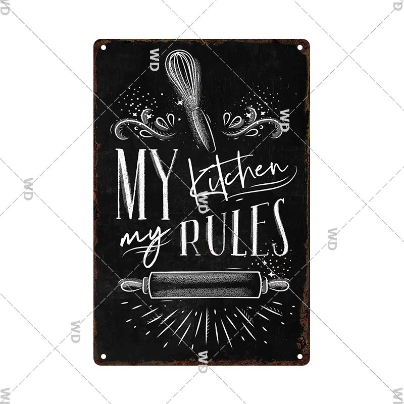 Retro Plåtskylt Köksregler Mat Järnmålning Väggkonst Metall Vintage Plakett Metallaffischer för Hus Hem Matsal Dekor
