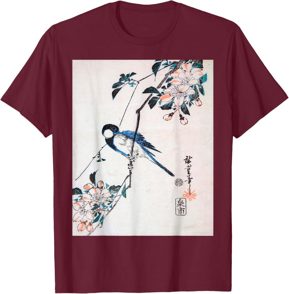Great Titmouse on a Crab Apple Branch Utagawa Hiroshige Print Mens Casual Cotton TShirt