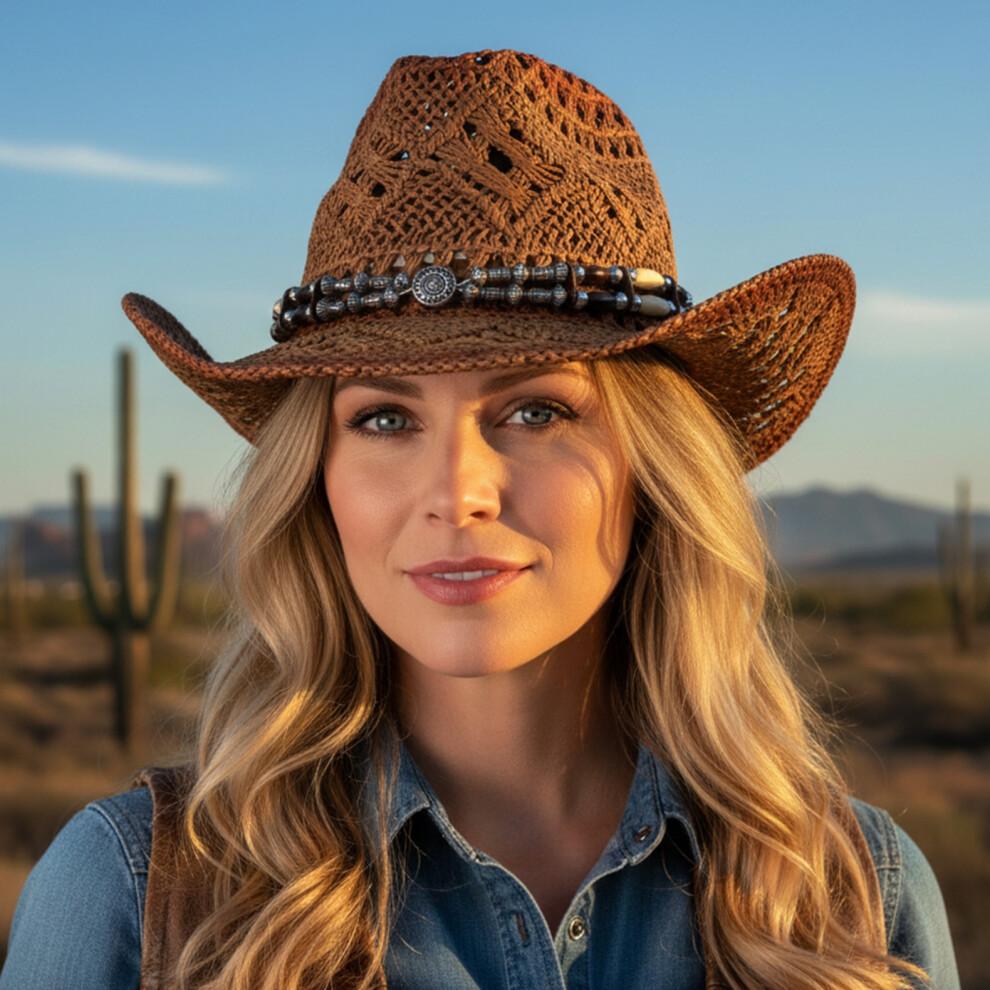 (L, Colorful) Cowgirl Hats for Women Men Outdoor Western Hat Wide Brim Straw Sun Hat with Beaded Ropes