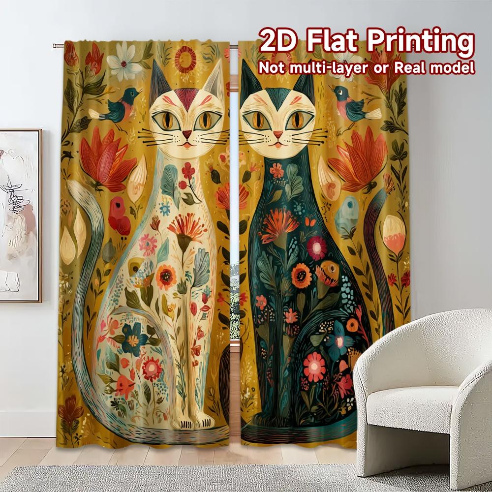 Flat Printing Jit Curtains Without Rod Floral Feline Duo Popular Window Treatment Semi Sheer Set Of 2 Made Polyester