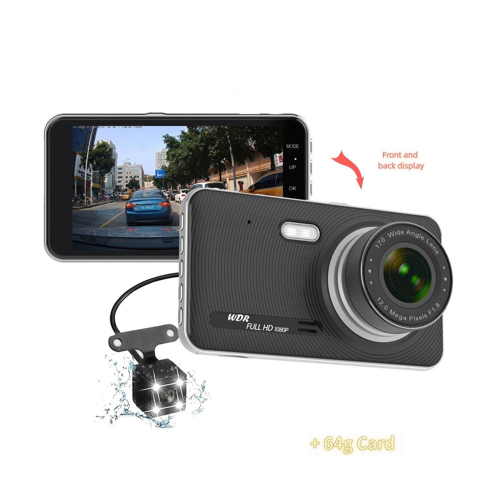 4-inch Dashcam, IPS HD 1080P Car DVR, Dual Front and Rear Cameras, Supports Reversing Camera Function.