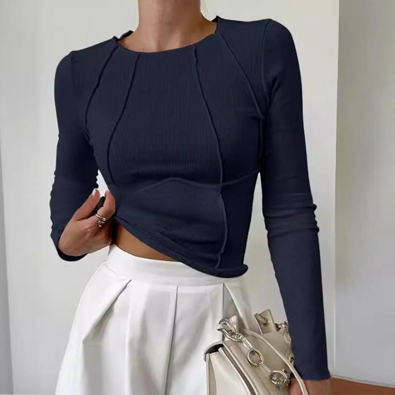 QICED Women's Fashion Casual Solid Color Print Long Sleeve O Neck Blouses & Shirts