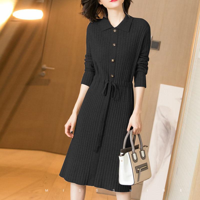 Spring Autumn Lapel Knit Dress Women's Long Loose Tie Sweater Dresses