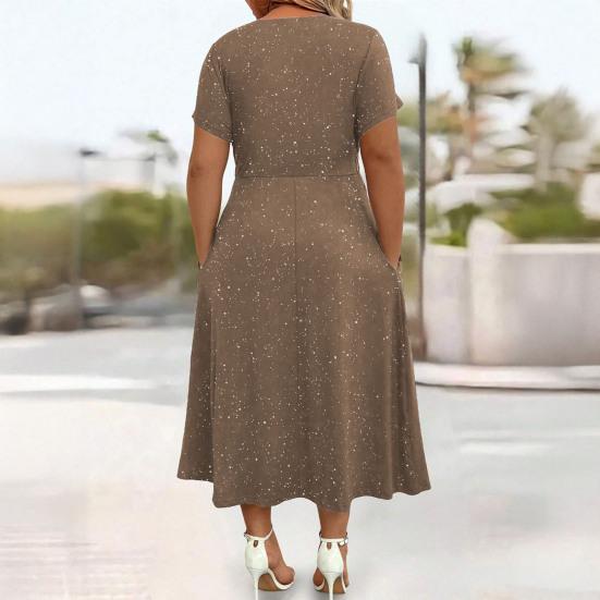 Glitter Sparkly Summer Dress for Women Twist Front V Neck Flowy Beach Sundress Short Sleeve A-line Swing Long Dress