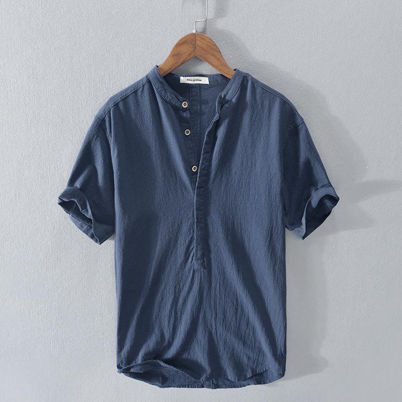 Spring and Summer Men's Cotton and Linen Wrinkled Linen Short-sleeved Shirt