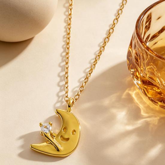 Smiling Star Moon Necklace Rhinestone Star Pendant Necklace Cute Moon Necklace for Women Daily Wear Dating