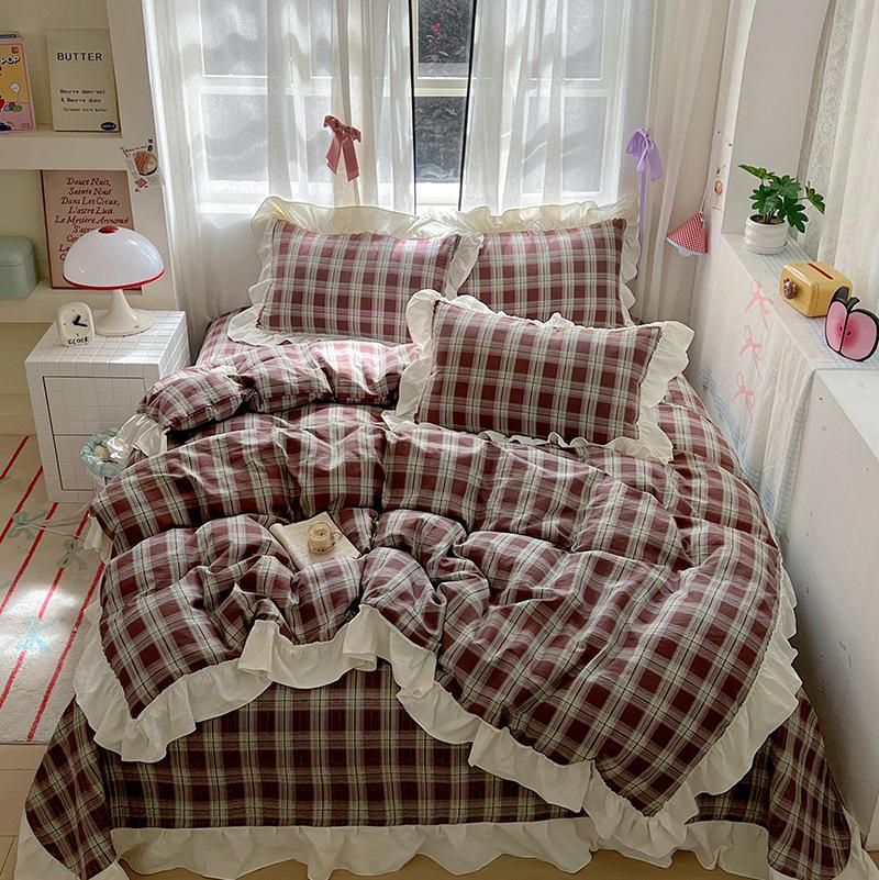 Princess Style Crinkled Gauze Lace Bedding Set - 4-Piece Washable Cotton Plaid Double Duvet Cover for All Seasons