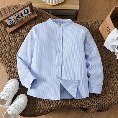 Camicia a Maniche Lunghe a Righe Verticali per Ragazzo 5-12A Colletto alla Coreana Tasca Bambini Morbida Casual Camicetta Outfit Ritorno a Scuola