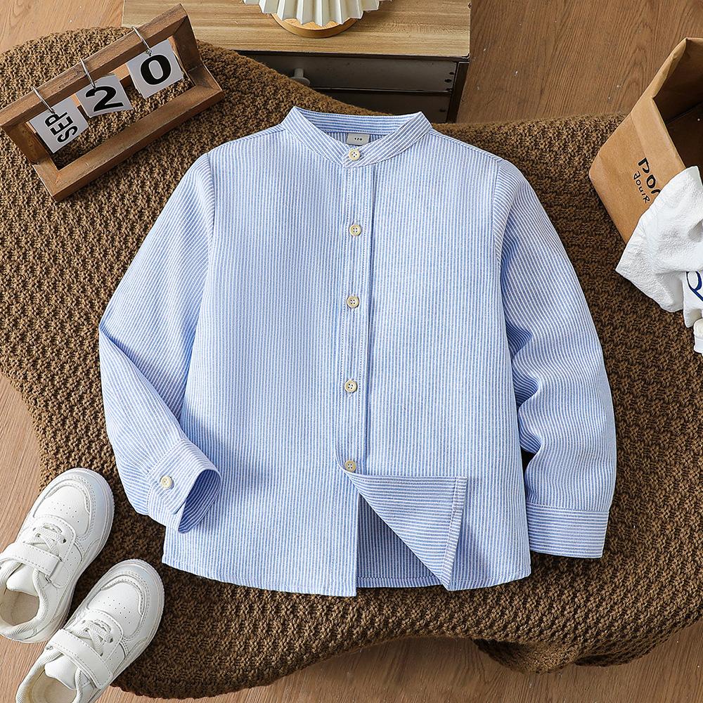 Boys Vertical Striped Long Sleeve Shirt 5-12Y Stand Collar Pocket Kids Soft Casual Blouse Back To School Outfit