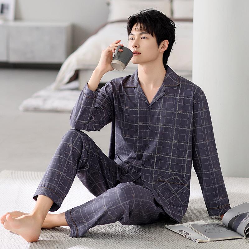 Men'S Pajamas Spring And Autumn Cotton Long-Sleeved Cardigan Set Large Size Casual Loose Men'S Plaid Loungewear Set