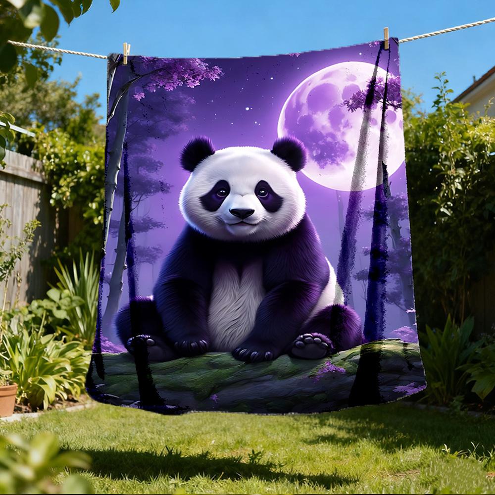 1pc Panda Moon Night Throw Blanket Polyester Fiber, Lightweight Flannel, Soft & Warm, All Season Use for Outdoor, Camping Digital Print
