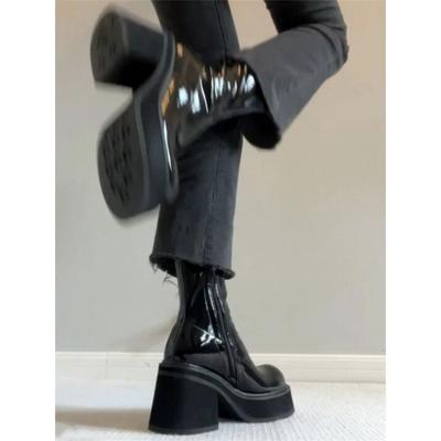 Patent Leather Small Martin Boots Women's 2025 New Waterproof Platform Thick-soled Heightened Elastic Thin Boots Thick Heel Short Boots