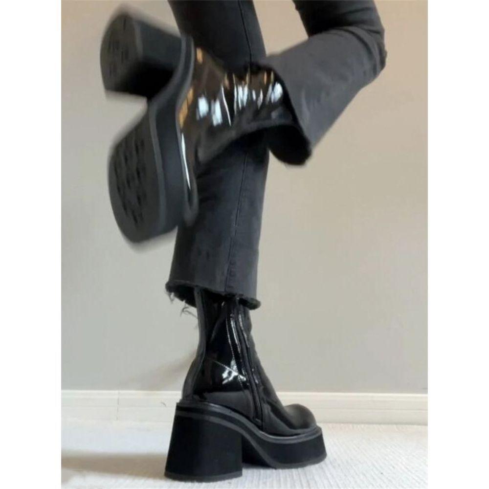Patent leather small Martin boots women's 2025 new waterproof platform thick-soled heightened elastic thin boots thick heel short boots
