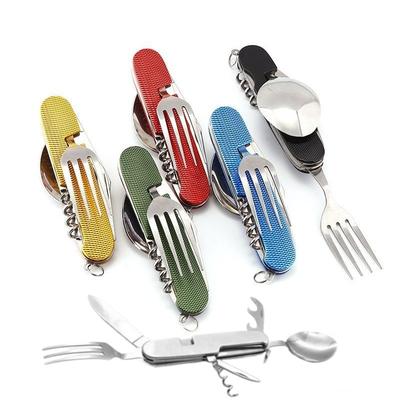 Vajilla Plegable Cuchillo Cuchara Tenedor 6 en 1 Cuchara Sopera Acero Inoxidable Abrebotellas Camping al Aire Libre Cuchillo para Fruta Cuchillo Plegable