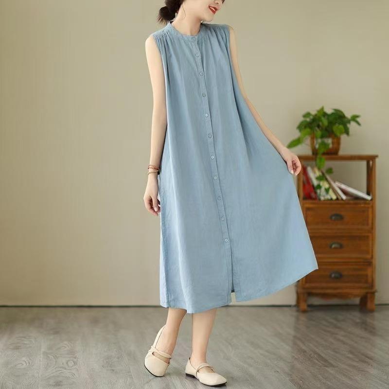 Stand Collar Linen Shirt Front Full Button Loose Flowy A Line Dress Breathable Minimalist Casual Summer Daily Elegant Oversized Mid Length Sundress