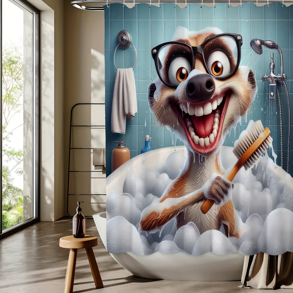 Cute Cartoon Ferret Bath Time Shower Curtain Waterproof Polyester, Machine Washable with Hooks Included, Perfect for All Seasons