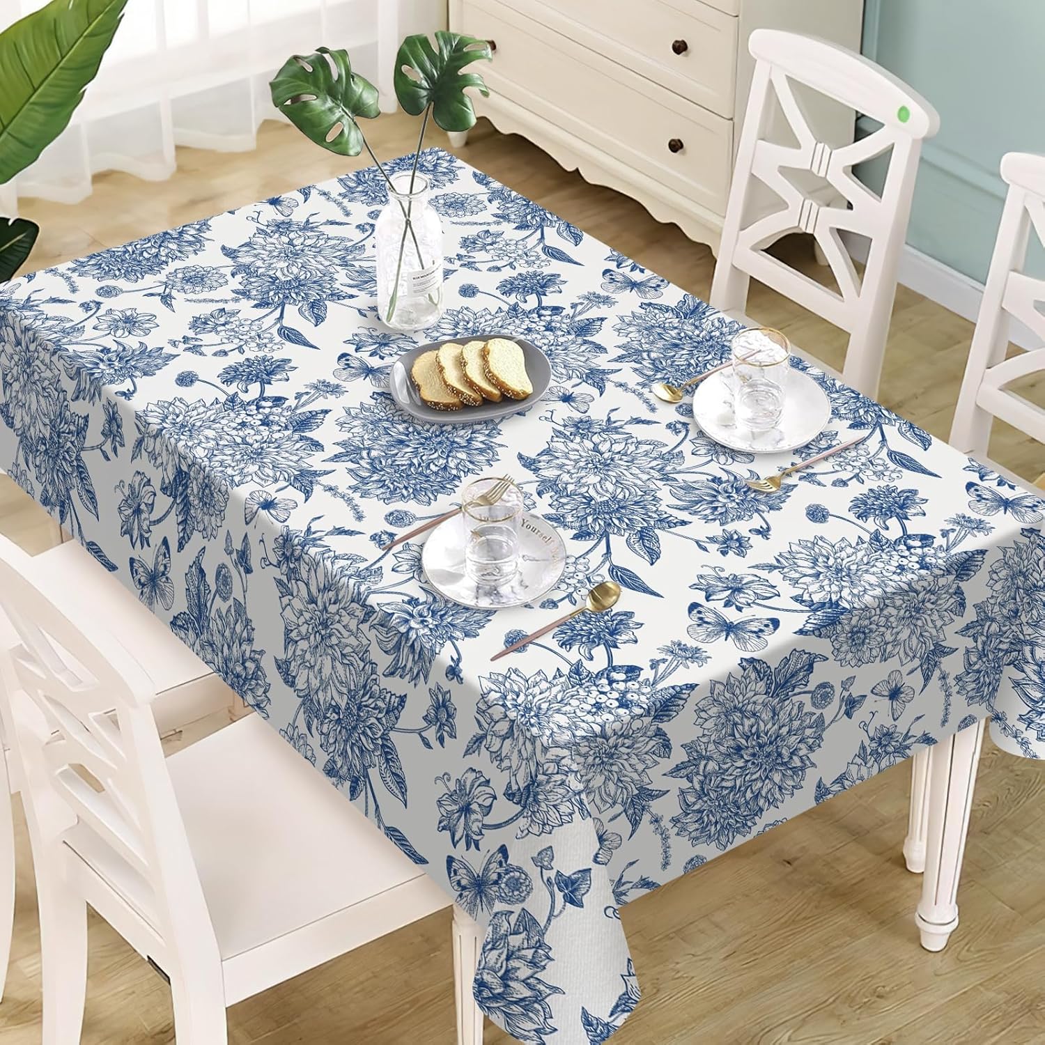 Blauw Wit Dahlia Bloemen Rechthoekige Tafelkleed Huis Decoratie Vintage Bloemen Vlinder Keuken Eettafelkleed Feestdecoratie 140x200cm