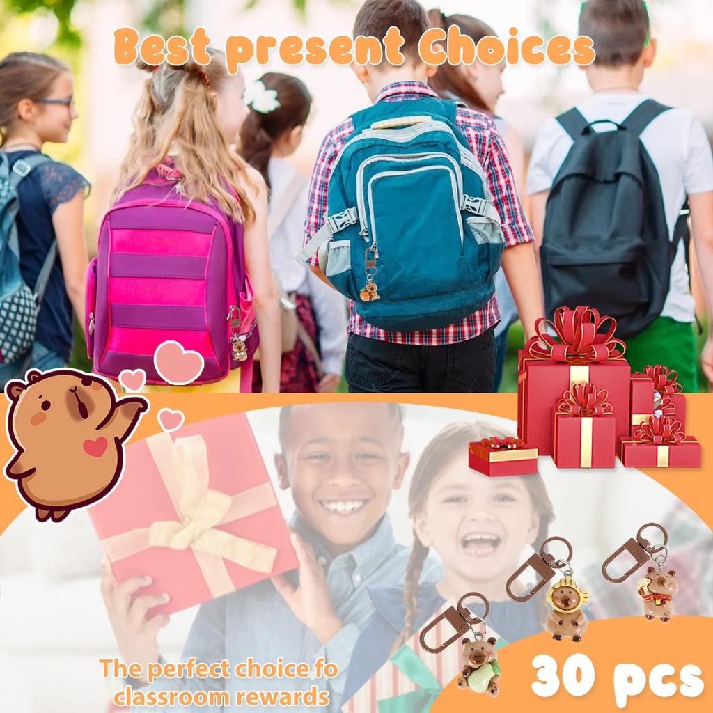 30Pcs Resin Capybara Keychain Charm Set 3D Capybara Keychain Backpack Pendant Mini Cartoon Purse Car Keyrings Handbag Decoration
