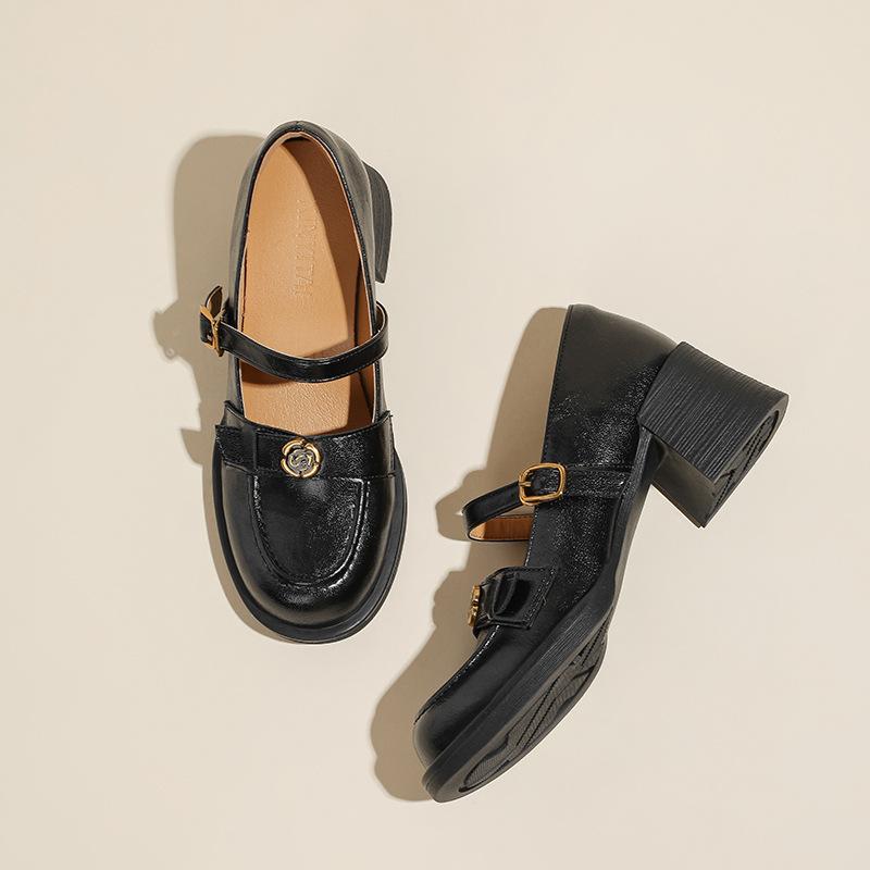 Retro thick heel Mary Jane women's shoes one-word buckle with round head loafers high heel light mouth French single shoes small leather shoes women