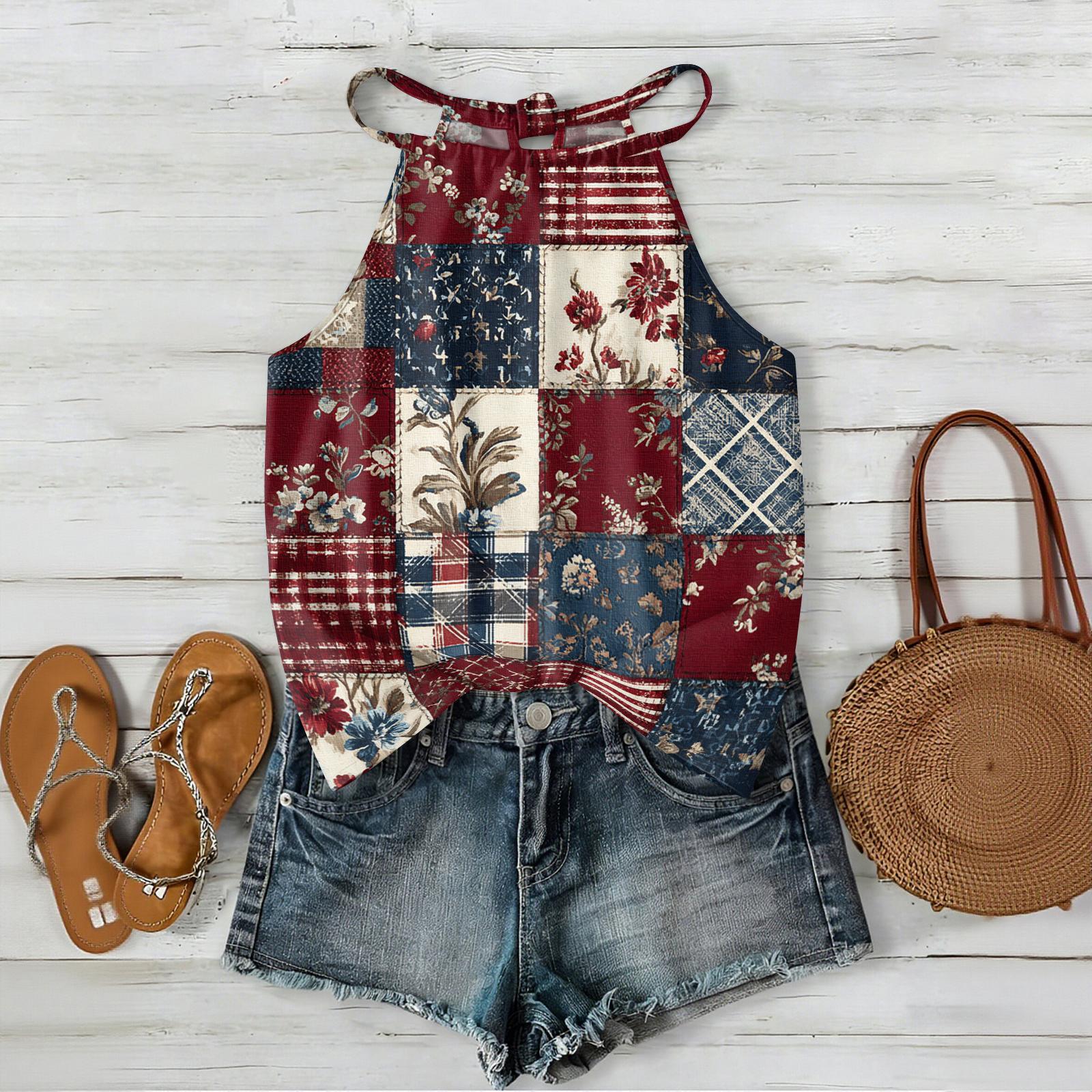 

Women Bohemian Sleeveless Patchwork Print Neck Tank Top Summer Lightweight Loose Fit Casual Vest Shirt M винный