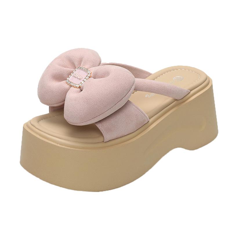 

2025 thick-soled cool slippers comfortable and fashionable outer wear bow open toe one-word drag non-slip Internet celebrity tide shoes women s shoes 34 рожевий