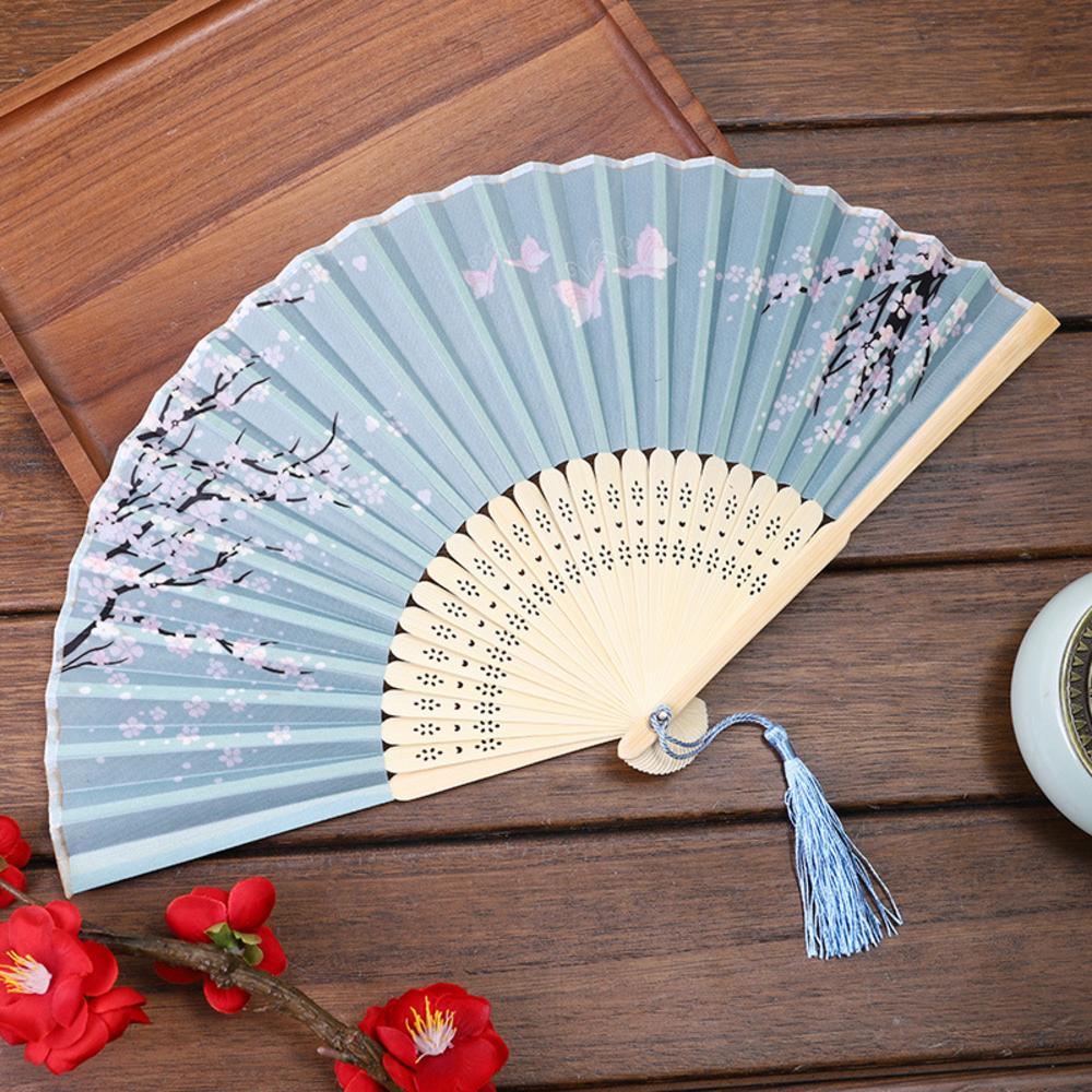 Chinese Japanese Folding Fan Wooden Shank Classical Dance Fan Tassel Elegent Female Fan Party Art Craft Gift Home Decoration