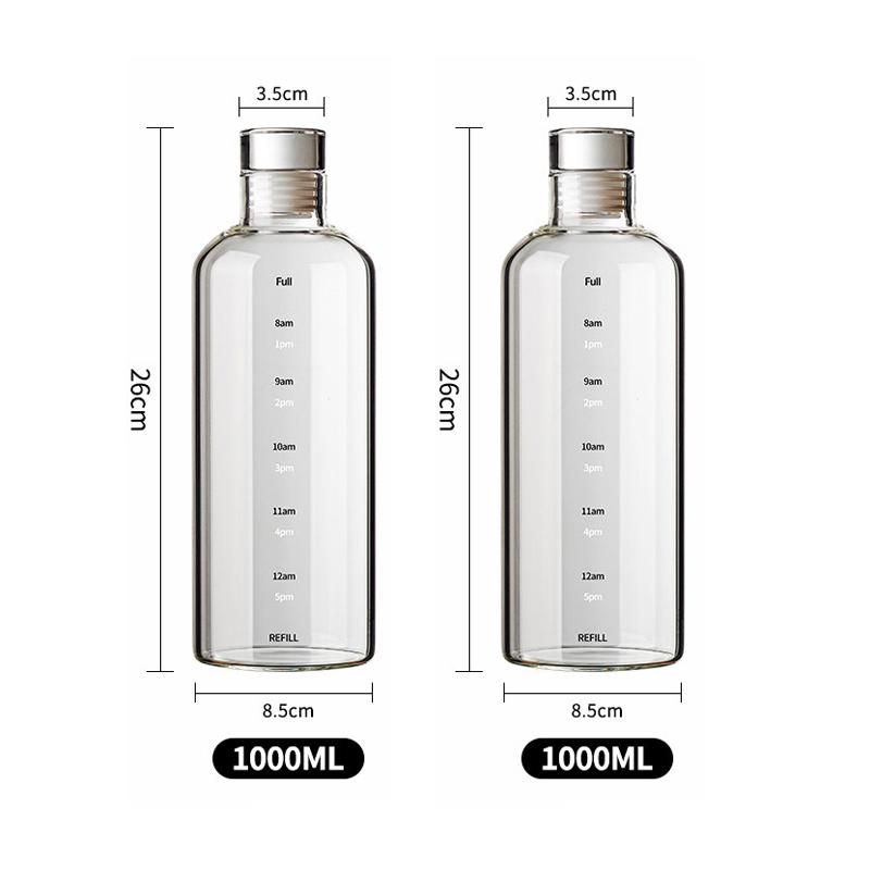 2pcs 300-1000ml Clear Glass Water Bottle Large Capacity with Time Marker Cover for Water Drink Outdoor Portable Milk Juice Cup