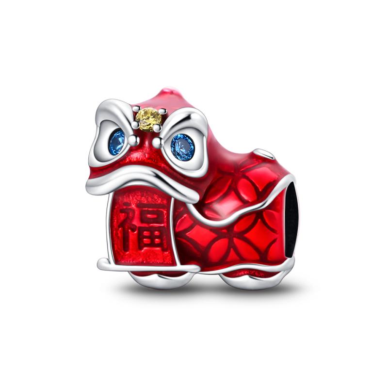 925 Silver Color God of Wealth Lucky Cat Lantern Lion Dance Charms Beads Fit Qikaola Bracelet DIY New Year's Jewelry