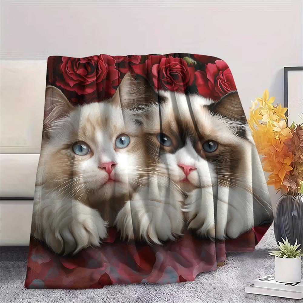 Ragdoll Katze und Rosen Muster Flanelldecke, Hohe Qualität, Bequem für Alle Jahreszeiten, Heimdekoration, Wärme und Komfort, Perfekt für Geschenke.