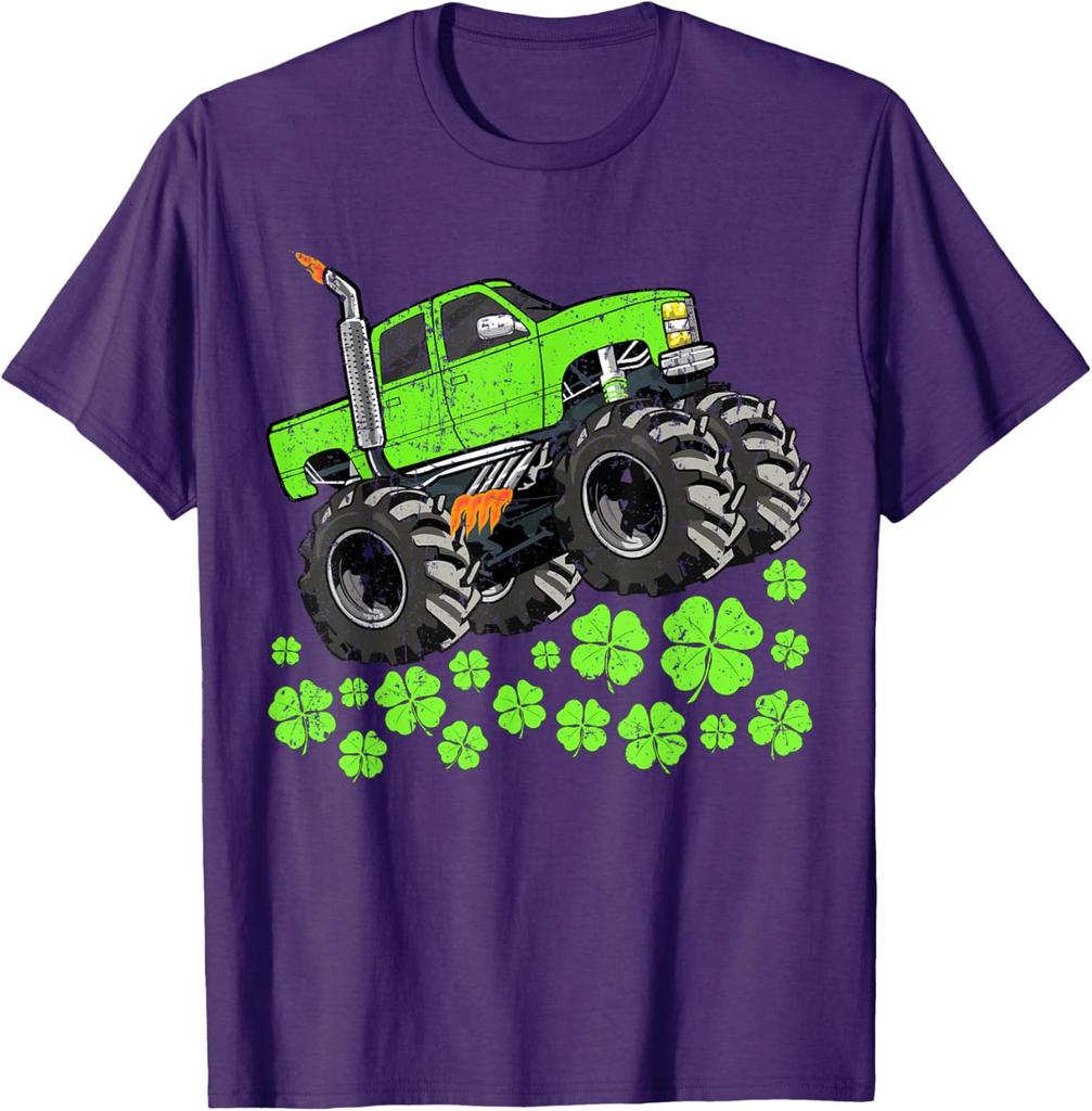 St Patricks Day Monster Truck Graphic Tee Shirt Green Clover Casual Short Sleeve Tops