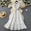 French light luxury lace three-dimensional flower hollow dress women's new high waist waist thin elegant temperament long dress