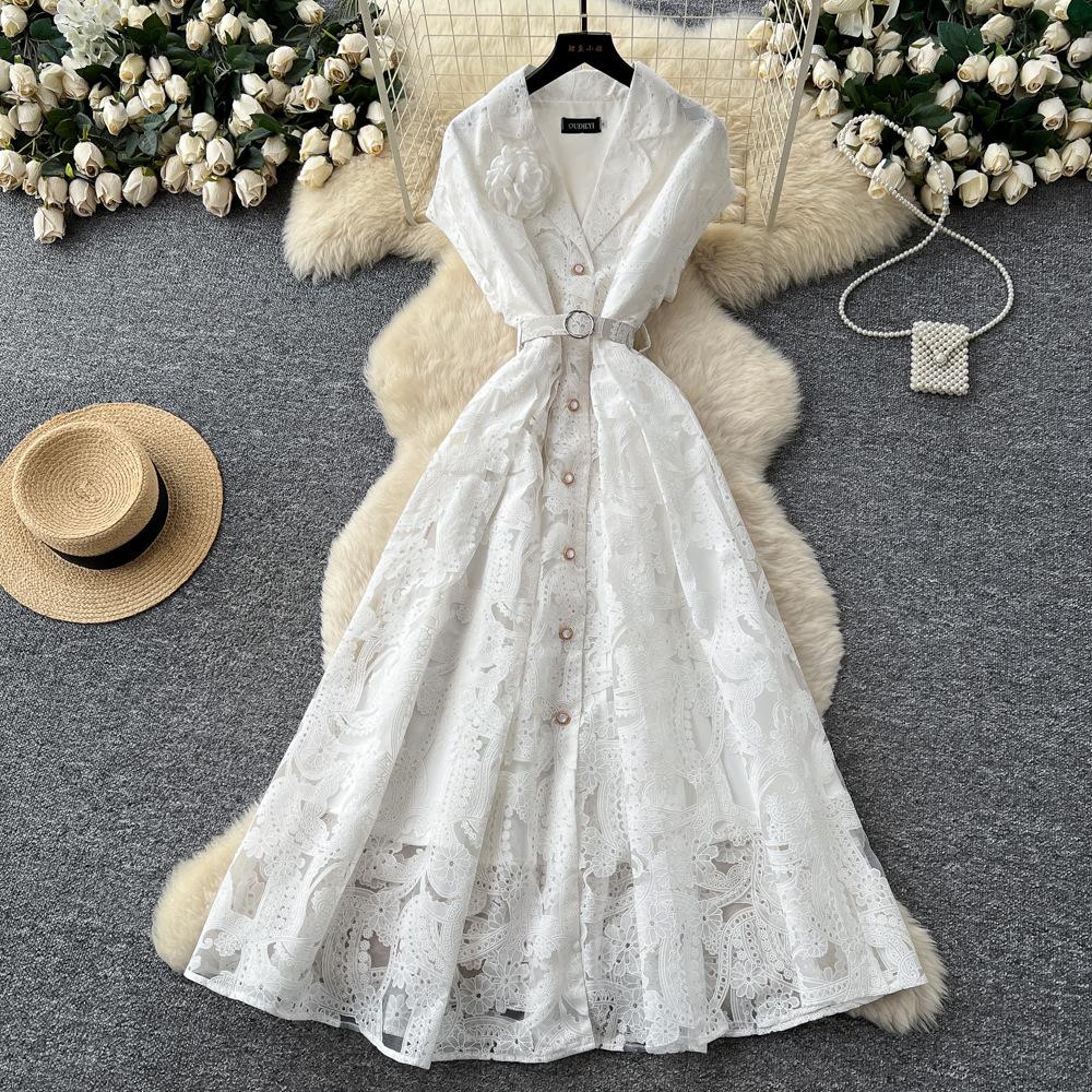 French light luxury lace three-dimensional flower hollow dress women's new high waist waist thin elegant temperament long dress