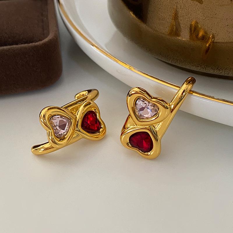 Double Love Stud Contrasting Colors Ruby Women'S Style Fashion Retro Temperament Atmospheric Light Luxury High-End