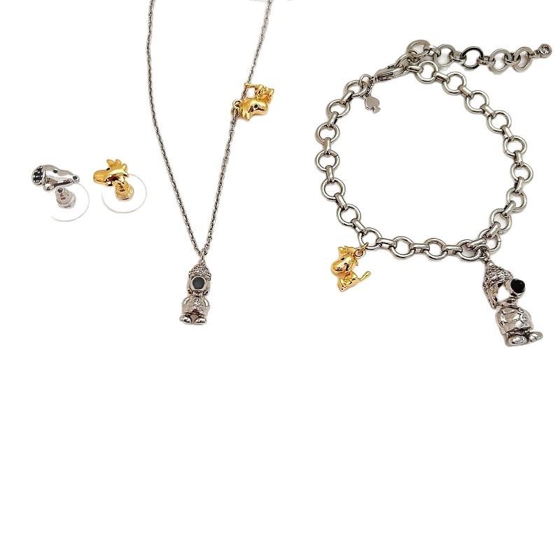 Snoopy Joint Earrings Light Luxury Fashion Gold And Silver Color Matching Necklace Collarbone Chain Cute Cartoon Necklace Earrings