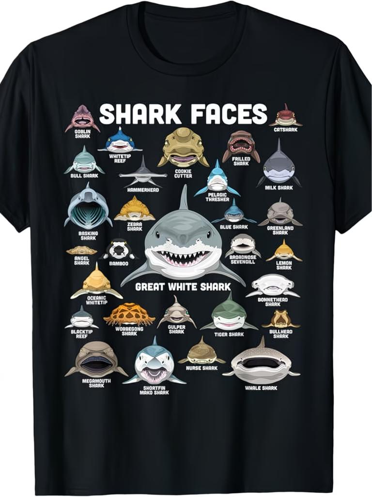 Maglietta Divertente Faccia di Squalo Tee Unisex Streetwear Estiva Oversize 15 Etichette Squalo Tema Oceano Maglietta Amante degli Squali Appassionato di Oceano